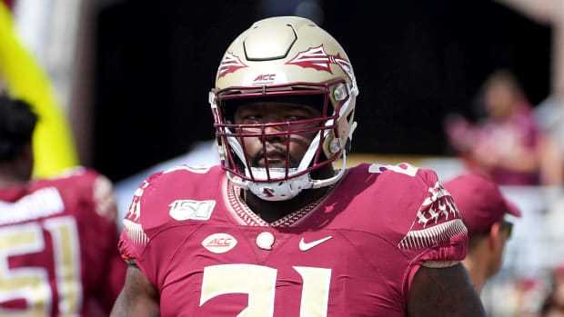 Aug 31, 2019; Tallahassee, FL, USA; Florida State Seminoles defensive tackle Marvin Wilson (21) before the start of the game against the Boise State Broncos at Doak Campbell Stadium.